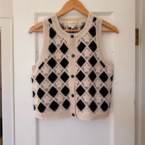 Sezane Black and Cream Argyle Knit Vest